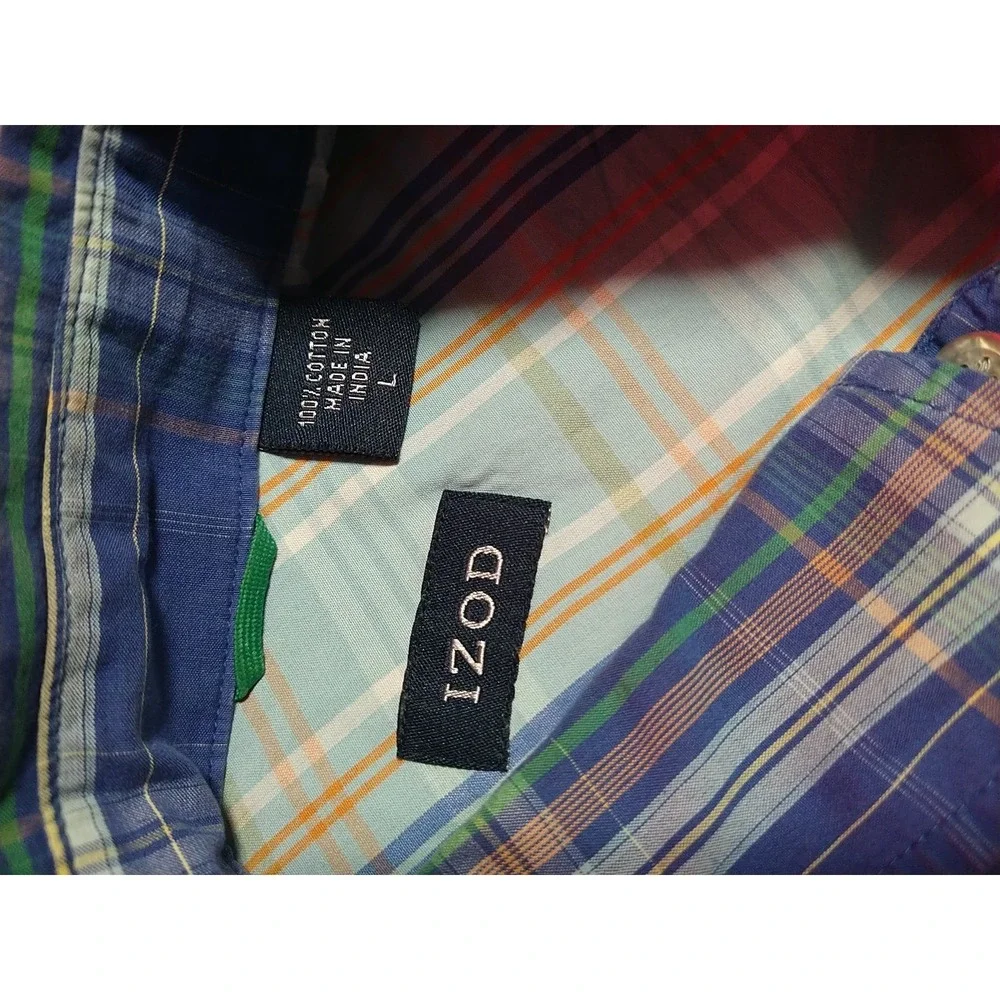 IZOD Button Down Shirt Men L Blue Plaid Office Nerd Smart Casual‎ Preppy College
